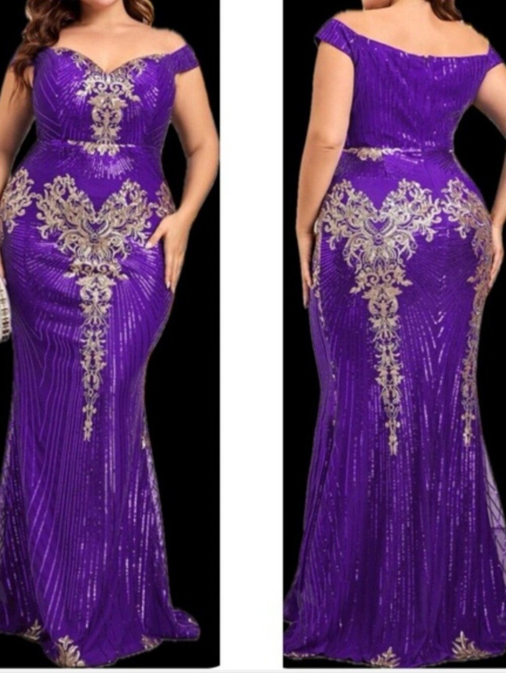 Elegant Off-Shoulder Purple Evening Gown with Gold Embroidery, 3XL